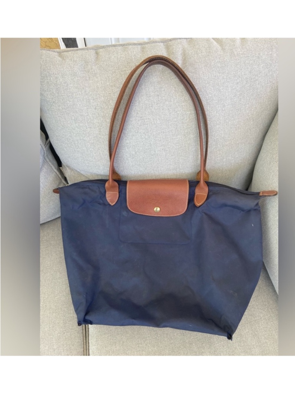 Longchamp Navy Tote with Brown Leather Trim